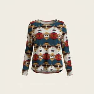 No Boundaries Juniors Ribbed Long Sleeve Aztec Print Crewneck Top